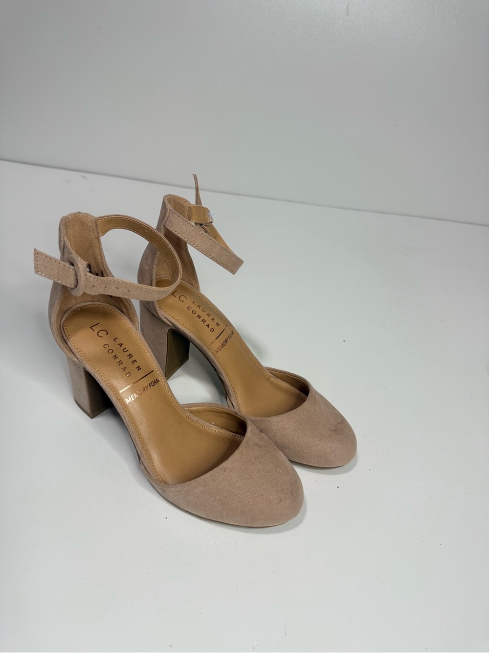 LC Lauren Conrad Beige Suede Ankle-Strap Block Heel Pumps